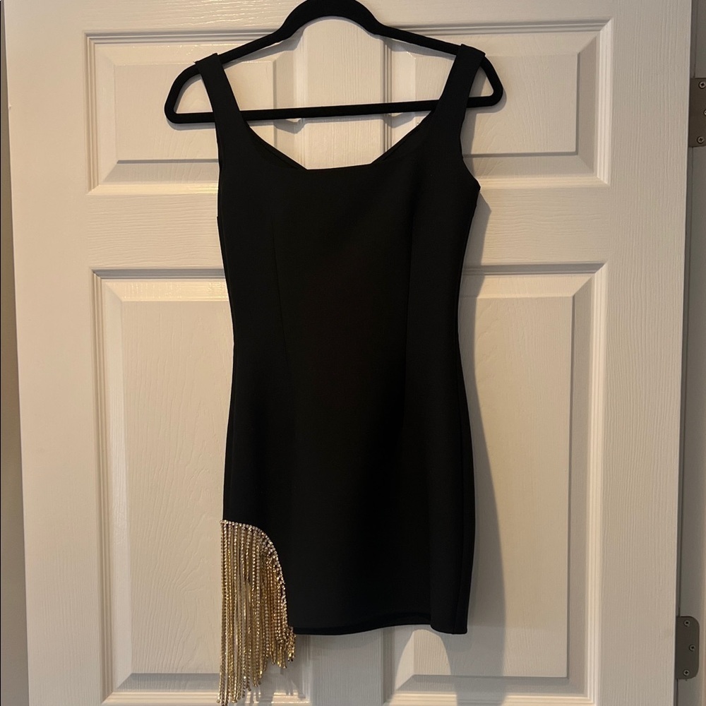 AREA Black Gold Rhinestone Fringe Mini Cocktail Dress Size 0 - Picture 3 of 11